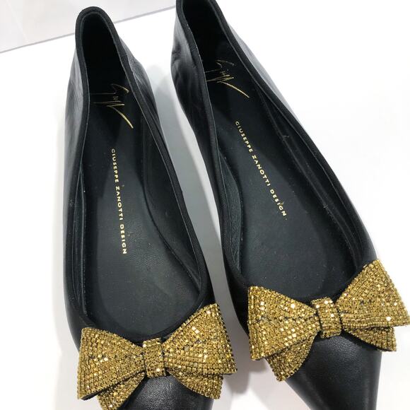 Giuseppe Zanotti Crystal Bow Black Leather Flats Pointed Toe - Picture 9 of 14